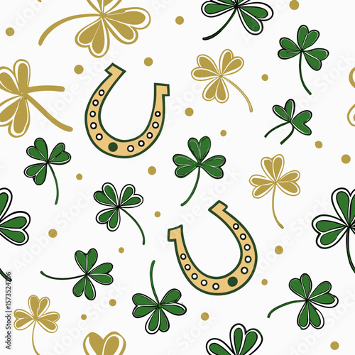 Playful seamless pattern featuring green shamrocks, gold horseshoes, and scattered dots. Perfect for St. Patrick’s Day, Irish-themed designs, and festive backgrounds.