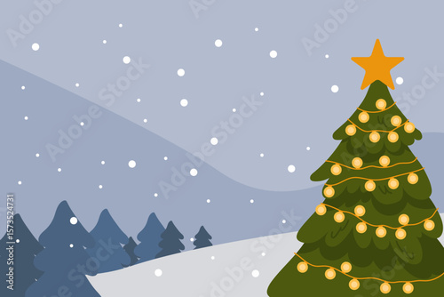Christmas tree decorated with glowing lights and a star topper, standing outdoors in a snowy winter landscape with pine trees in the background. for seasonal banners, greeting cards, winter designs.