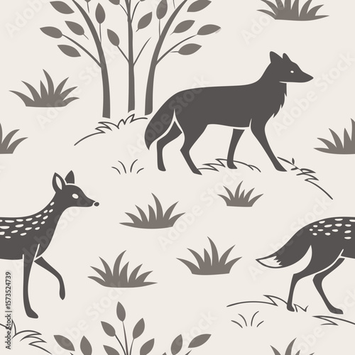 Elegant seamless pattern with silhouette wolves, deer, trees, and grass in neutral tones. Perfect for nursery decor, textiles, and woodland themes.