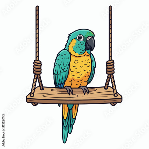 A cartoon blueandyellow macaw parrot is perched on a wooden swing suspended by ropes