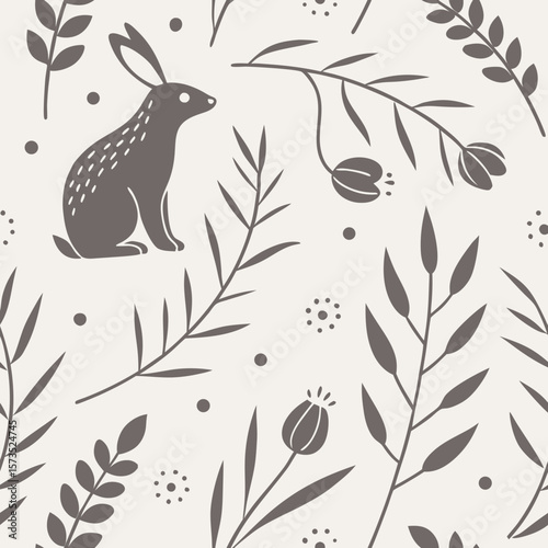 Charming seamless pattern featuring a rabbit among stylized leaves, branches, and dots in soft monochrome. Great for children’s products, nursery art, and spring decor.