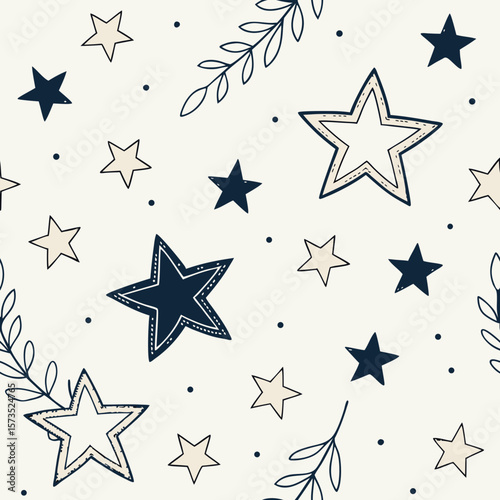 Modern seamless pattern with navy and beige stars, leafy branches, and playful dots. Perfect for textiles, kids’ rooms, and celestial-themed designs.
