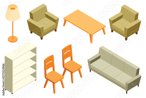 Colorful Living Room Furniture Set in Isometric View