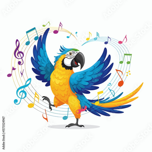 A colorful cartoon blueandyellow macaw dancing joyfully surrounded by swirling musical notes