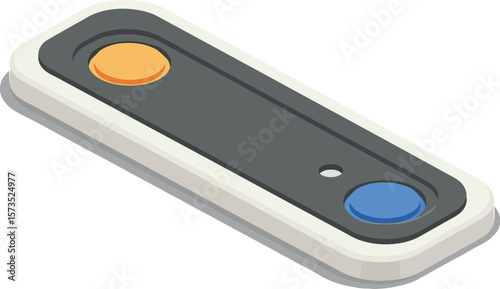 Remote control device with orange and blue buttons in isometric style for electronic gadgets and appliances usage 