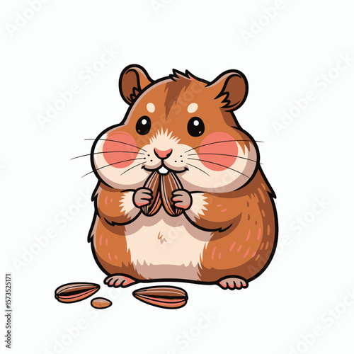 A cute cartoon hamster with chubby cheeks holding and eating sunflower seeds