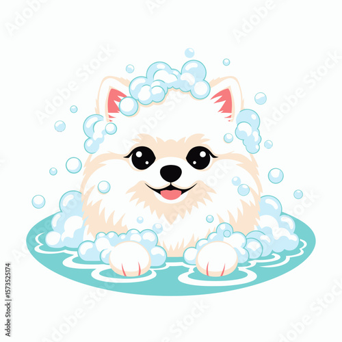 A cute white Pomeranian dog smiling happily while taking a bubble bath