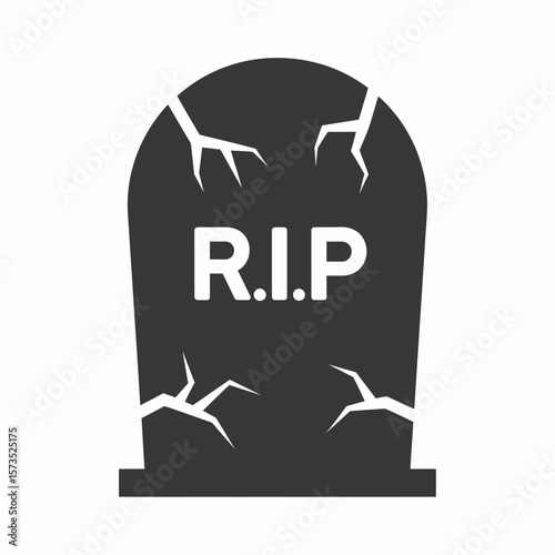 A dark grey tombstone with white cracks and the letters RIP
