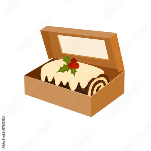 Vector illustration of a traditional chocolate Christmas log cake with white icing and holly decoration, in an open cardboard box. For winter holiday designs, bakery packaging, and festive promotions.
