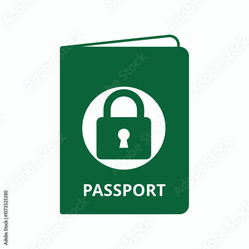 A green passport icon with a padlock symbol on a white background