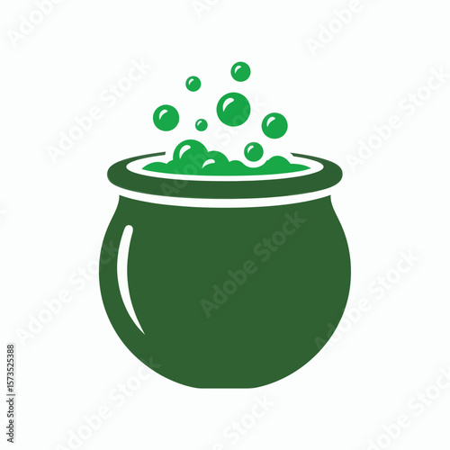 A green witchs cauldron with a bubbling potion presented as a flat design icon against a white background