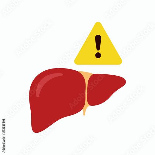A human liver with a yellow triangular warning sign with an exclamation mark