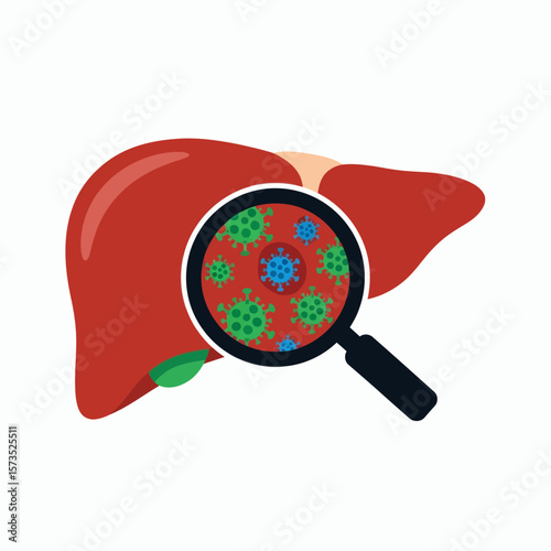 A human liver with a magnifying glass showing viruses representing liver disease