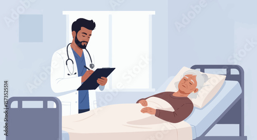 A male doctor in a white coat writes on a clipboard while standing next to an elderly female patient in a hospital bed
