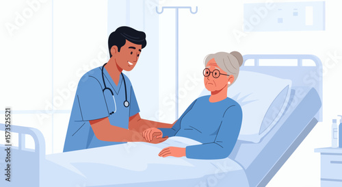 A male nurse comforts an elderly female patient in a hospital bed holding her hand