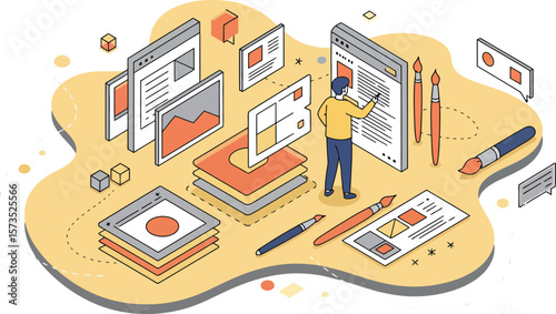 User interacting with digital interface elements and data visualization in isometric style vector illustration 