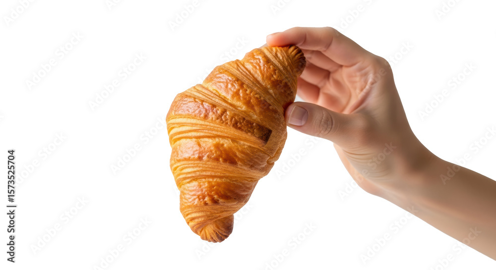 Obraz premium A hand holding a golden brown croissant against a black background in a studio setting today