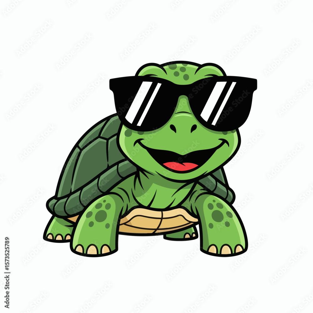 Fototapeta premium A smiling green cartoon turtle with a dark green shell wearing black sunglasses