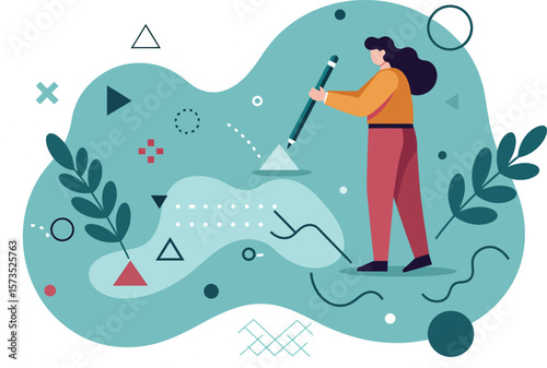 Woman cleaning abstract background with vacuum cleaner in modern flat style vector illustration 