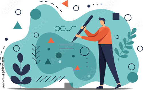 Man using telescope for observation among abstract plants and shapes in modern vector illustration 