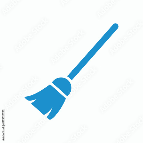 A simple solid blue icon of a broom tilted diagonally on a white background