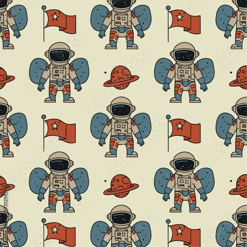 Retro Space Pattern with Astronauts Planets and Flags