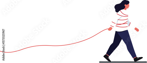 Woman walking with a red leash holding an invisible dog vector illustration in minimal style 