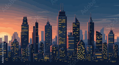 A vector illustration of a city skyline at sunset with illuminated skyscrapers