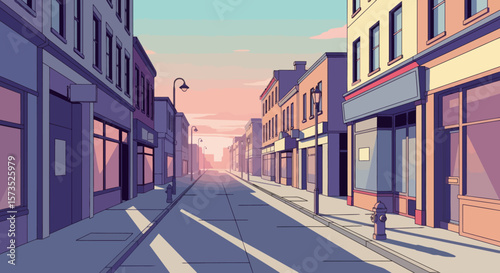 A tranquil city street scene at sunrise or sunset depicted in a digital art style with a limited color palette