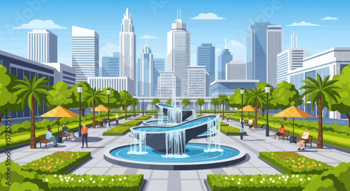 A vibrant city park with a large central fountain people relaxing on benches and a modern skyline under a clear blue sky