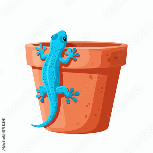 A vibrant blue gecko climbing on the side of a terracotta flower pot