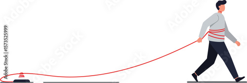 Man walking while pulling a vacuum cleaner with red cord in minimalistic vector illustration 