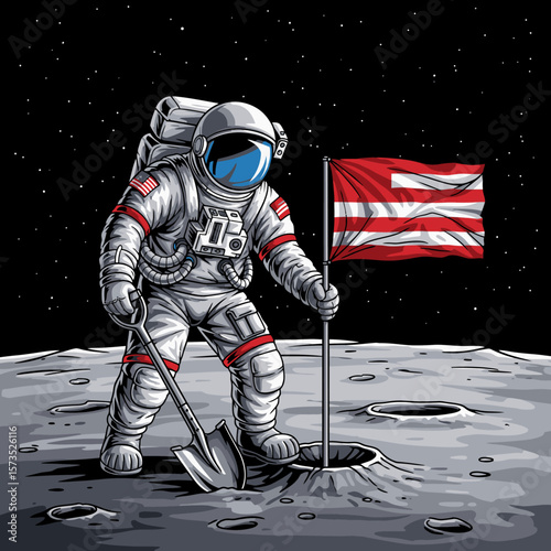 Astronaut on the Moon Planting a Flag in Outer Space