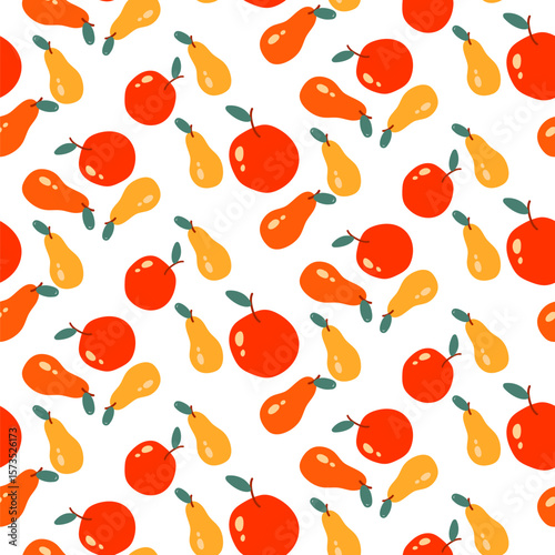 Seamless pattern featuring flat yellow pears and red apples on white background. Perfect for autumn designs, fabric prints, wrapping paper, kitchen textiles, scrapbooking, and seasonal decorations.