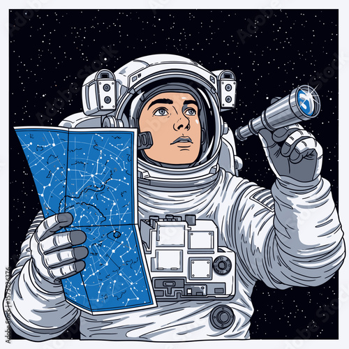 Astronaut Exploring Galaxy Cosmos with Star Map