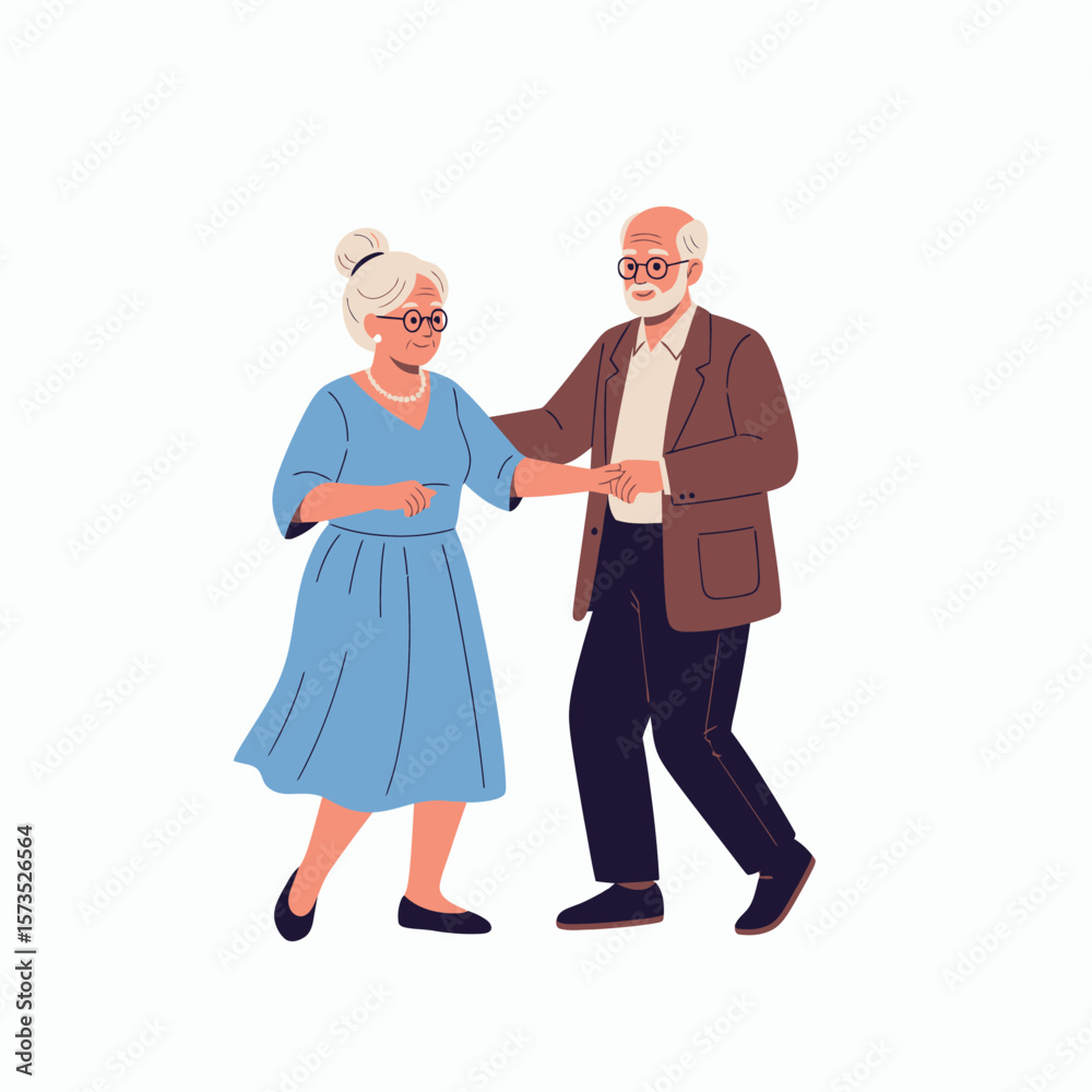 An elderly couple a woman in a blue dress and a man in a brown jacket dancing and smiling together An elderly couple a woman in a blue dress and a man in a brown jacket dancing and smiling together