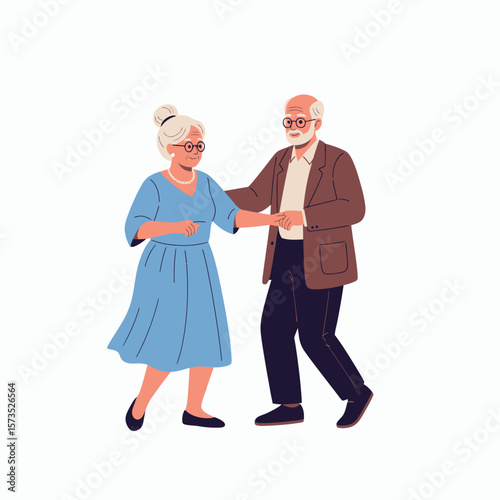 An elderly couple a woman in a blue dress and a man in a brown jacket dancing and smiling together