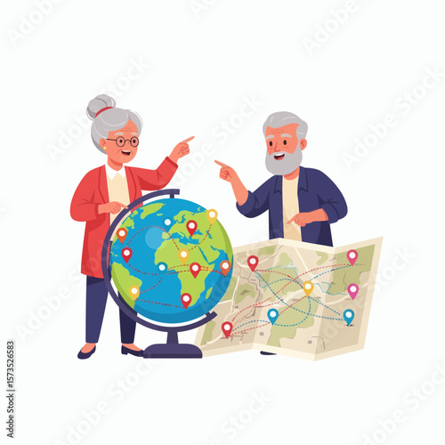 An elderly couple planning their travels with a globe and a world map