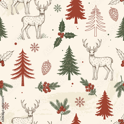 Seamless Pattern - Vintage Woodland Christmas with Deer, Pine Trees, Holly - Hand-Drawn Minimalist Line Art in Muted Red & Green - Fabric, Wrapping Paper, Textile Design
