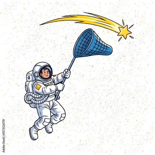 Astronaut Catching a Shooting Star in Space - Stock Illustration