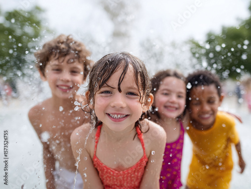 Joyful group of children playing in a water fountain on a sunny day. Captures summer fun, innocence, friendship, and diversity. Perfect for lifestyle and family themes.