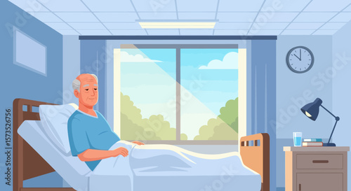 An elderly man with a sad expression sits up in a hospital bed looking towards a sunny window