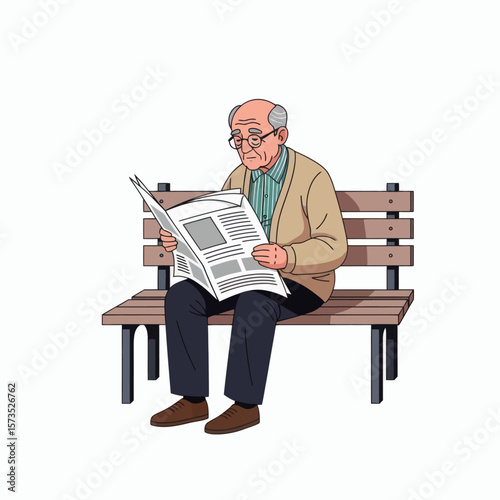 An elderly man with glasses sits on a wooden bench attentively reading a newspaper