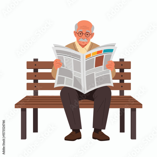 An elderly man with glasses and a mustache sits on a wooden bench reading a newspaper