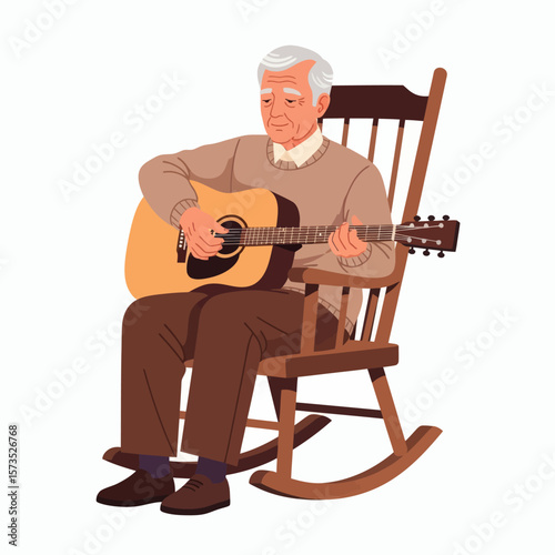An elderly man with white hair sits in a wooden rocking chair playing an acoustic guitar