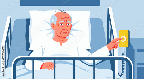 An elderly man with a worried expression in a hospital bed presses a call button