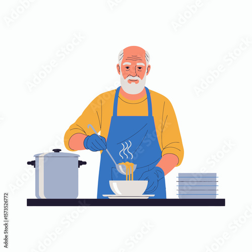 An elderly volunteer with a beard and apron serves hot soup into a bowl