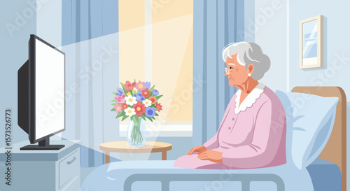 An elderly woman in a hospital bed watching television with flowers on a nearby table