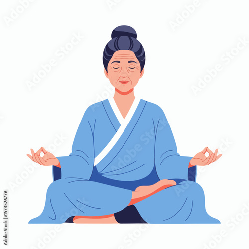 An elderly woman in a light blue robe sits in the lotus position while meditating
