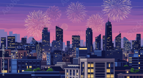 An illustrated cityscape at night with fireworks illuminating a purple and pink sky
